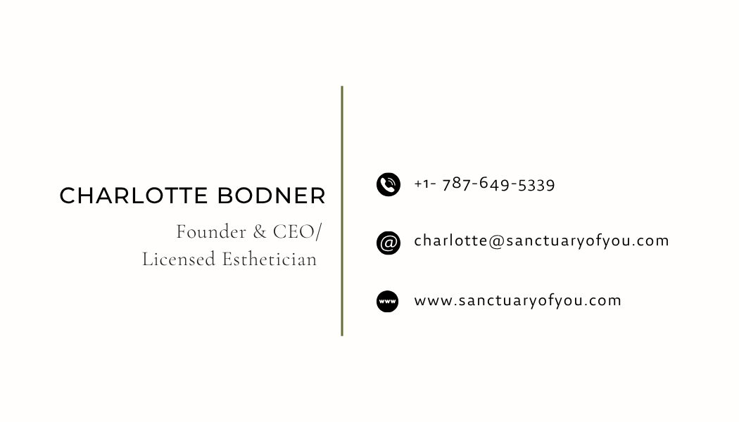 Business card front: Charlotte Bodner, phone, email and website